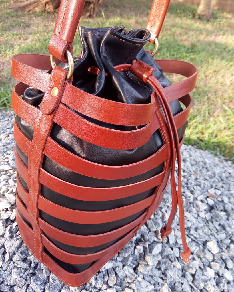 Brown Leather Bucket Basket